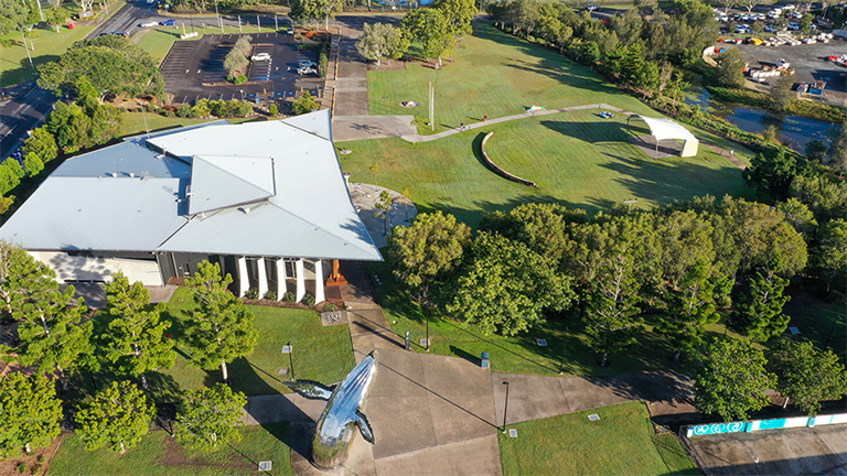 Aerial shot of Hervey Bay Regional Gallery and City Park
