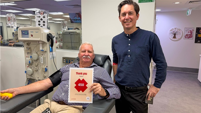 Mayor George Seymour with blood donor, Stephen.