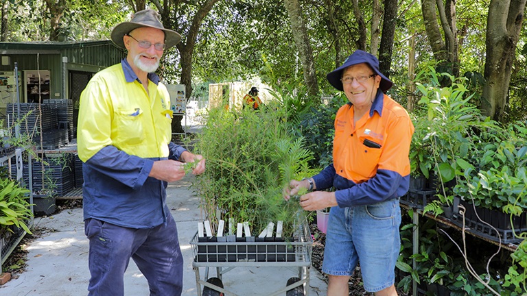 Staff and volunteers next to a selection of plants for donation