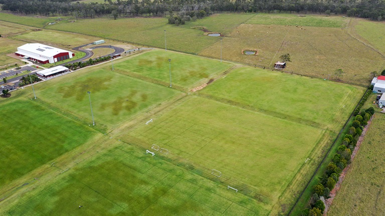 Aerial view of Sports and Recreation Precinct fields before works