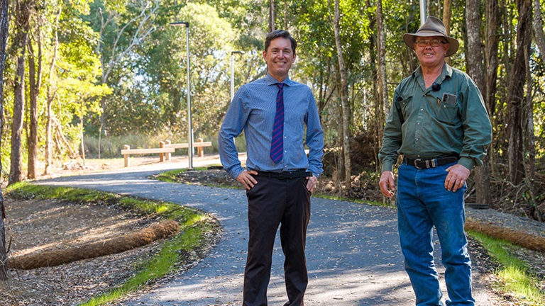 Mayor George Seymour and Cr Denis Chapman standing on the new Rail Trail Connection