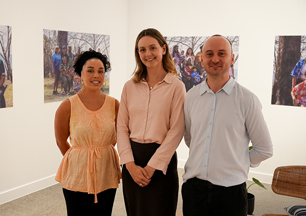 (from left to right) South Sea Consultant Keely Eggmolesse, Acting Hervey Bay Regional Gallery Director Sarah Thomson, Fraser Coast Regional Council Curator Llewellyn Millhouse.