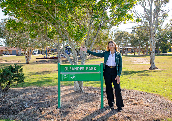 Deputy Mayor Sara Faraj in Oleander Park, Kawungan