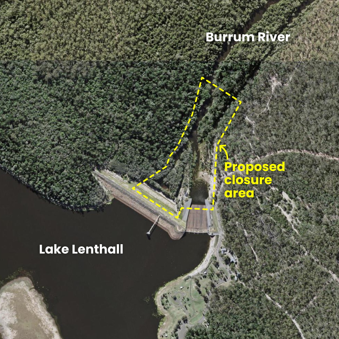 aerial image showing proposed closure area of Lenthalls Dam Tailwater Area.