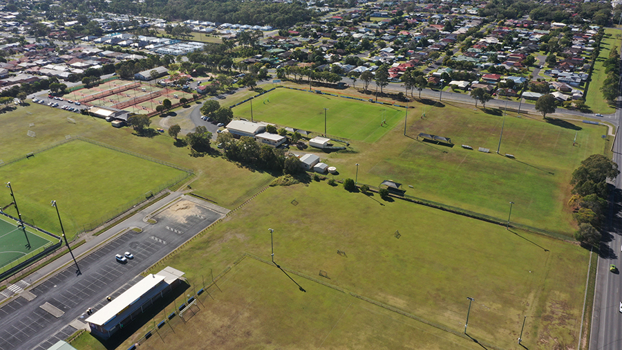 Aerial view of football fields on Tavsitock Street, Torquay